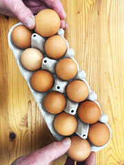 Closeup overhead shot of hands putting in or taking out two brown hen’s eggs in a full cardboard box of twelve on a pine surface. Can be used vertically or horizontally.