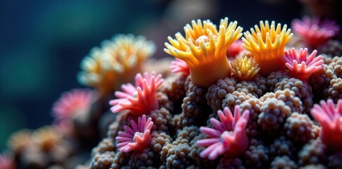 A close-up shot of a variety of colorful ecological sponges attached to a coral reef,  marine life,  sea creatures