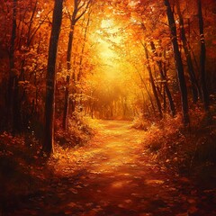 Naklejka premium Golden forest trail glowing with warm light and vibrant leaves as the sun sets in the distance