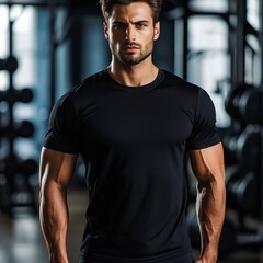 Athletic Black T-Shirt Mockup on a Fit Man in a Gym – Activewear Apparel with Gym Equipment Background