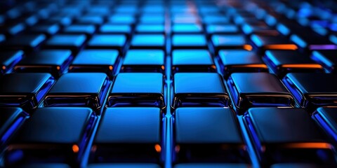 Obraz premium Futuristic grid dark reflective tiles glowing blue lines create a high-tech lattice pattern symbolizing modern structure