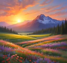 Illustration of spring landscape with field and flowers.