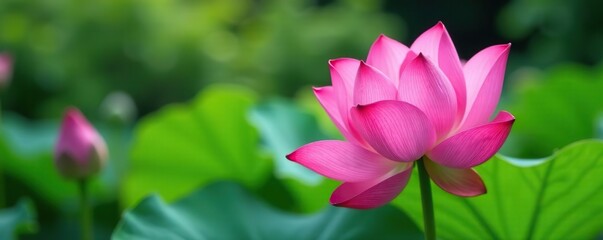 A close-up shot of a vibrant pink lotus flower blooming elegantly in a serene garden setting,  zen,  flower