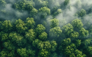 Aerial view of dense forest with green trees and mist in the early morning. Wide banner that can be used for web design