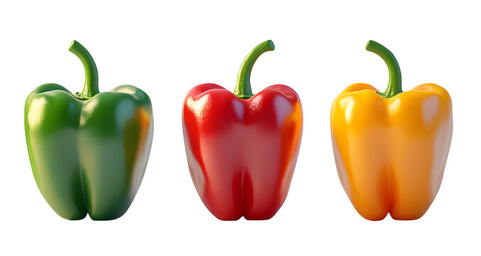 3 hot peppers including a red chili pepper a green chili pepper a yellow chili pepper isolated on transparent white background, clipping path, pen tool.