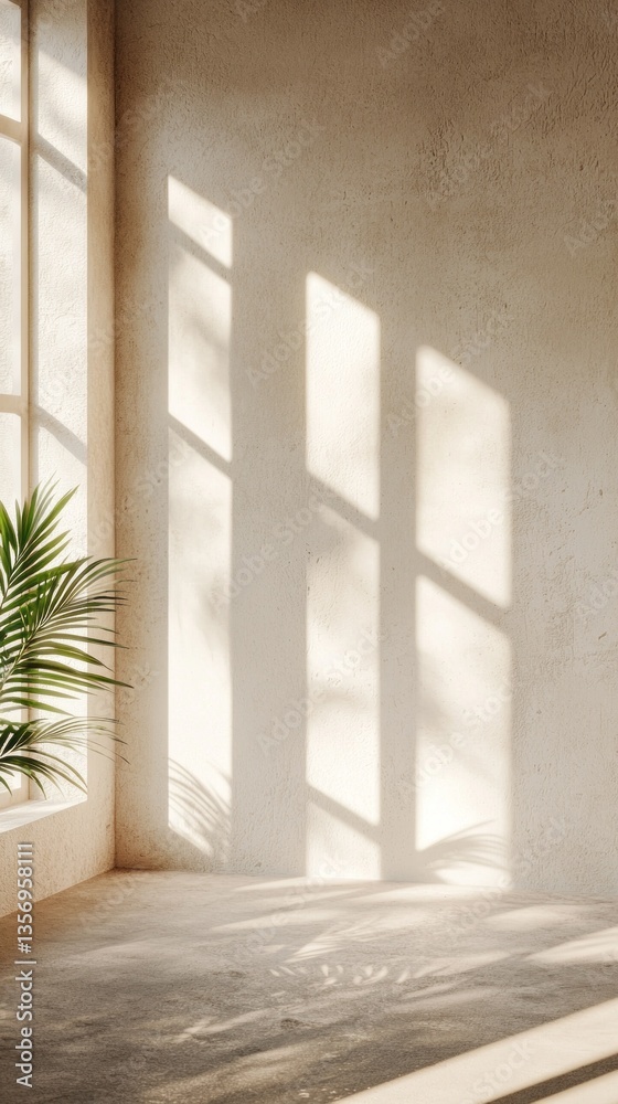Poster Warm rays of sunlight filter through large windows, casting delicate shadows on a neutral wall. Greenery adds a touch of nature to this peaceful indoor space, creating a harmonious atmosphere