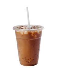 Iced coffee served in a clear plastic cup with transparent background