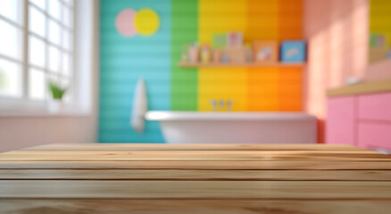A wooden table for product placement, a colorful bathroom in the background with a bathtub, tiles in cheerful pastel colors