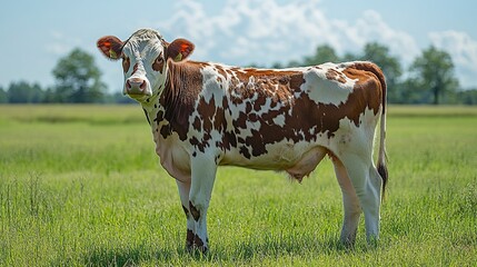 Holstein cow with a full udder, side profile, chewing cud peacefully in a green summer pasture, clear blue sky offering ample copy space above 