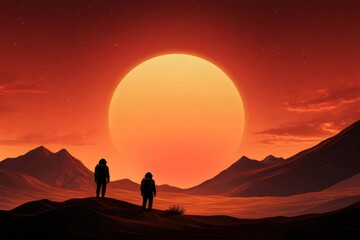 Fototapeta premium Two astronauts exploring alien planet with large sun and mountains
