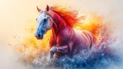 Horse portrait in aquarelle, subtle gradients of warm tones and light splashes of color, highlighting the flowing mane and soulful eyes in a dreamy style.  