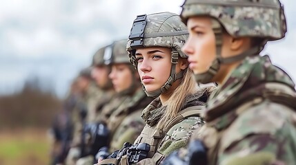Female soldiers in formation, serious expressions.