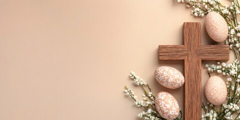 Easter eggs and wooden cross with white flowers on beige background represent christian easter celebration