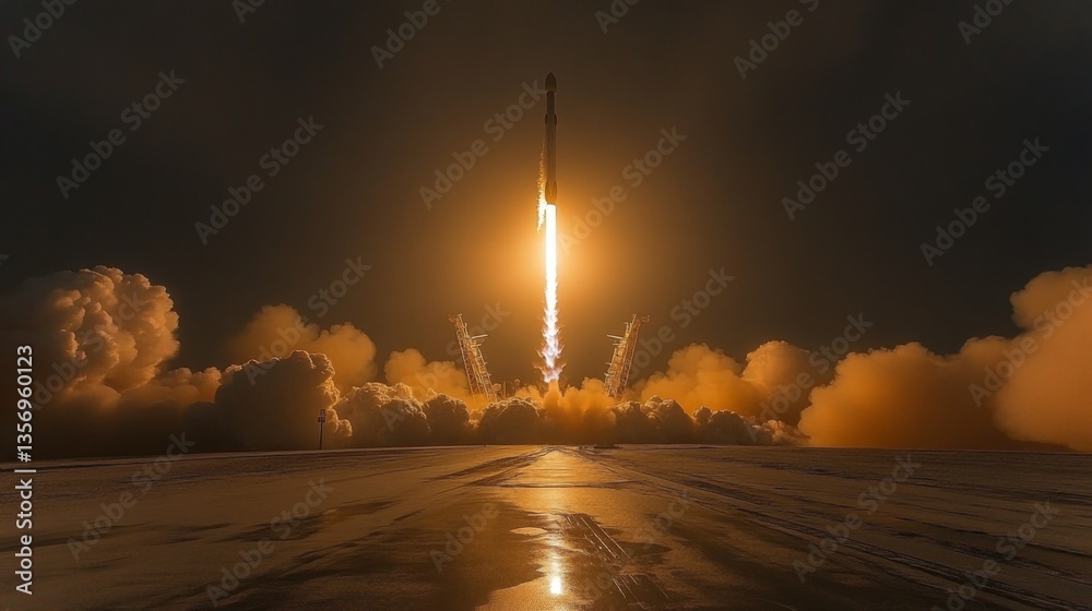 Poster rocket lifts off with immense thrust, illuminating the dark sky while emitting bright flames and clo