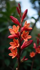 A close-up shot of vibrant eucalyptus flowers blooming in the natural bushland setting,  bright,  colorful