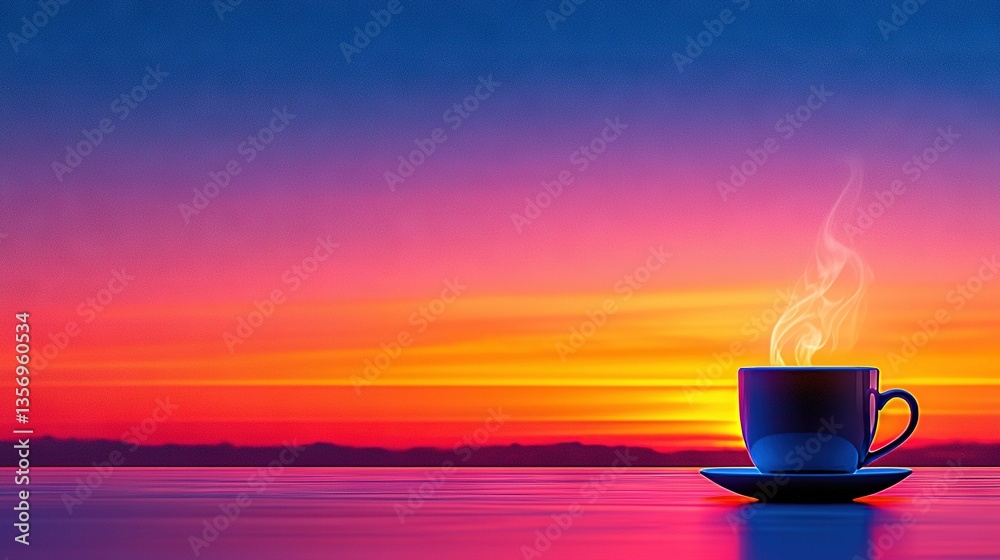 Canvas Prints a sunset scene with two cups of coffee, one resting atop a table and the other in the foreground