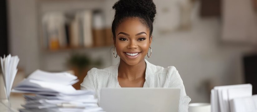 Happy woman working laptop home office