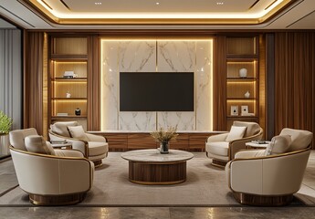 A living room with an empty wall mockup featuring wooden panels and marble, complemented by soft lighting. A large TV is mounted on the wall above sleek furniture, creating a cozy atmosphere.