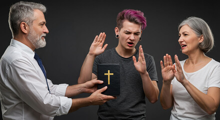 Angry young man with tattoos rejects the Bible from the older wise generation. Christian religious concept of social and spiritual problems of the modern church