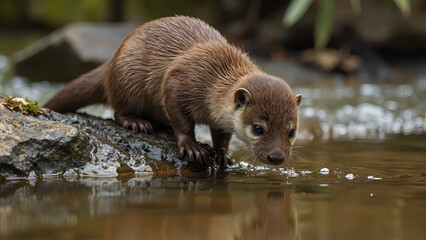 Fototapeta premium Otter on rock by water, wildlife photography