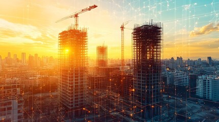 Fototapeta premium Engineers and designers evaluating construction progress on a commercial site illustration