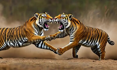 Two powerful tigers aggressively interacting, displaying intense aggression while kicking up dust.