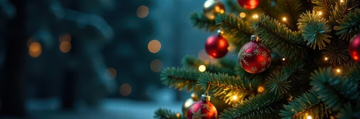 A majestic fir, adorned with shimmering ornaments and twinkling lights , stars, garland, winter