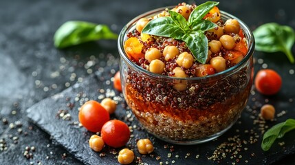 Naklejka premium Healthy Quinoa Salad with Chickpeas in Glass Bowl on Dark Slate