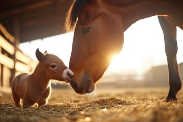 This image beautifully illustrates the intimate relationship between a mare and her foal, capturing their gentle interaction in a sunlit stable filled with warmth and love.