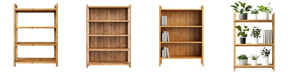 Minimalist wooden shelving units and bookcases offering versatile storage and display options for the home or office