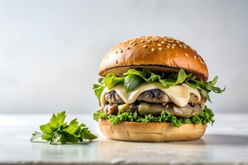 mushroom swiss burger in white background