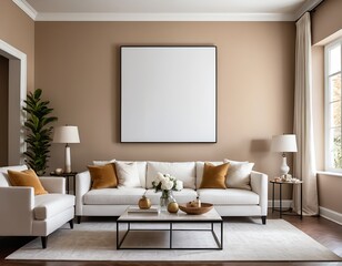 Modern Living Room Interior with White Sofa and Large Blank Canvas