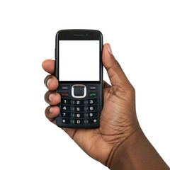 Black man hands holding an old style cell phone isolated on transparent background