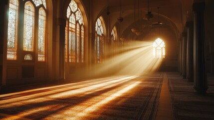 Fototapeta premium Sunbeams Illuminate Mosque Interior. (2)