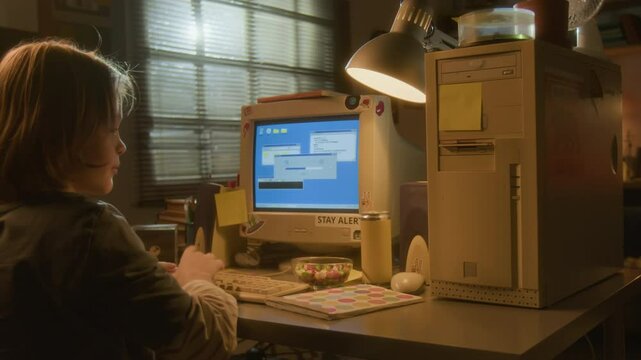 Over shoulder shot of blonde young boy inserting floppy disc into retro computer and entering password in 90s home setting