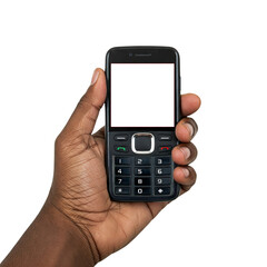 Black man hands holding an old style cell phone isolated on transparent background