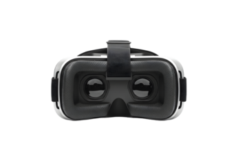 Realistic front view of modern VR headset on transparent background showcasing virtual reality technology for immersive experiences and gaming adventures
