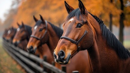 Fototapeta premium lineup of horses - horses putting their heads together - equestrian group - horses on a field behind a fence 