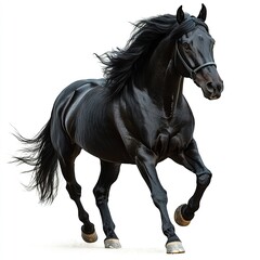 Fototapeta premium Majestic black horse in a dynamic rearing pose, its flowing mane emphasizing motion and strength, sharply defined against a clean white background. 
