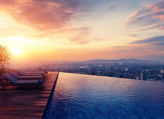 Fototapeta premium A luxury hotel swimming pool with a wooden deck and sun loungers overlooking the city of Chiang Mai at sunset, Thailand. High-quality photo. Ultra-realistic photography.