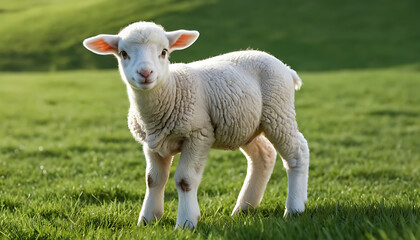 Obraz premium Adorable Lamb in Green Pasture: Spring Farm Animal Photo