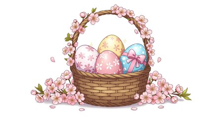 easter basket with eggs and flowers
