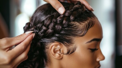 Fototapeta premium A close-up of a hairstylist braiding a client's hair