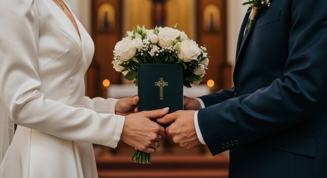 Bride and groom holding Holy Bible with cross and floral arrangement in church. Christian wedding ceremony with book for marriage and love, for bible study