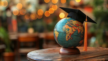 A globe adorned with a graduation cap signifies the importance of global education.