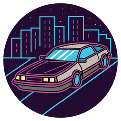 80s Car Synthwave Style Futuristic Vehicle with City Skyline and Stars