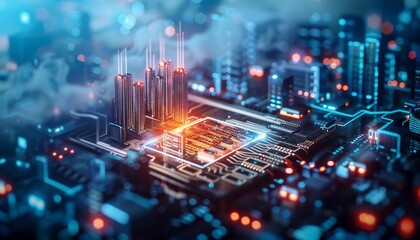 A futuristic cityscape rendered on a circuit board, showcasing glowing buildings and intricate digital designs, blending technology with urban aesthetics.