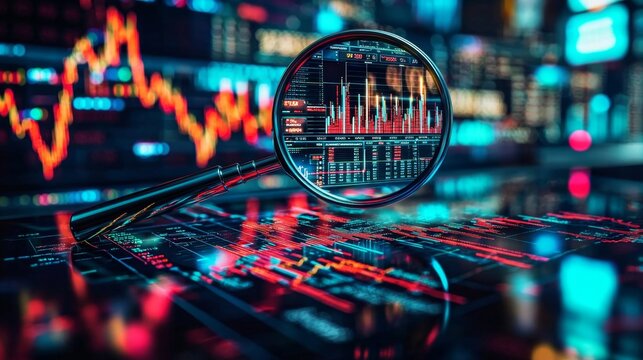 Analyzing stock charts with a magnifying glass effect.