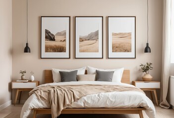 Modern Minimalist Bedroom Interior with Triptych Landscape Art