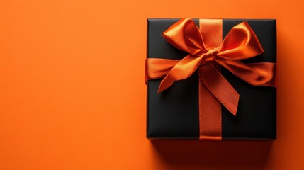 Black gift box with orange ribbon on orange background.